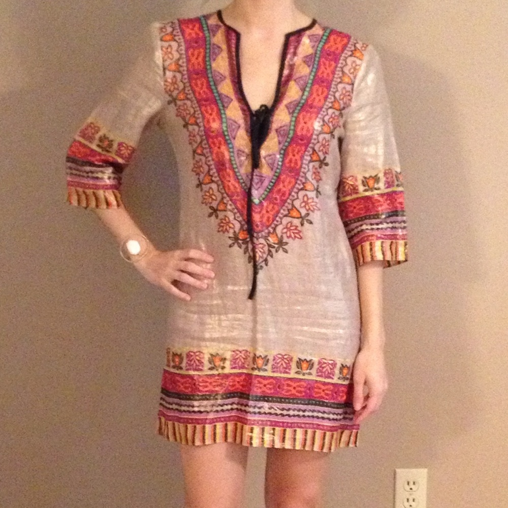 Nanette Lepore Beige Tunic Dress with Pink & Purple Embroidery